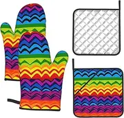 4 pcs Oven Mitts and Pot Holders Set 500°F Heat Resistant Oven Gloves and Hot Pads Kitchen Mittens Gay Pride Rainbow Cooking Gloves Potholders for Baking Grilling