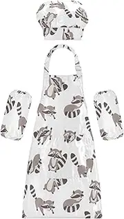 AIXIWAWA Kids Apron Chef Hat Set, Child Kitchen Bib Aprons Adjustable for Cooking Baking Painting (Funny Cartoon Raccoon)