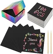 100 PCS Magic Rainbow Glitter Scratch Art Notes,Cool Scratch Paper for Teens,3.3"x3.3" Blank Scratch Art Set for DIY Crafts,with 2 Painting Templates and 2 Scratch Pen