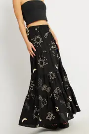 Black Abstract Maxi Skirt Tiered High Rise Elastic Waistband - Size 6XXS, Women's Maxi Skirt