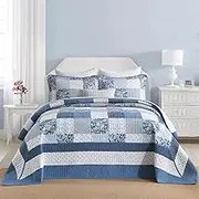 FineStichery 100% Cotton King Bedspread 128x120, Oversized Quilt Set, Farmhouse Extra Wide Coverlet, Plaid Botanical and Paisley Pattern, Lightweight, Reversible, 3 Piece, Blue/White