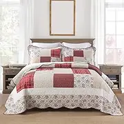 camandy Cotton Bedspread Quilt Bedding Sets 3 Pieces Reversible Coverlet Sets Comforters Vintage Red White Rose Floral Patchwork Bedspread, King Size