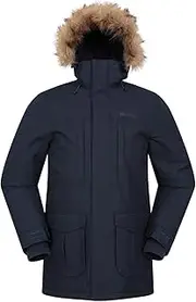 [Mountain Warehouse] Gorge Mens Long Jacket - Waterproof Raincoat, Breathable, Lightweight, Faux Fur Hooded Puffer Coat - For Walking, Travelling & Outdoors Navy M, Navy, M