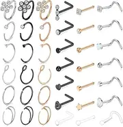 [Briana Williams] 20g Nose Rings Studs L Shape Nose Screw Surgical Stainless Steel Nose Rings Hoop Diamond Heart Hypoallergenic Nostril Nose Piercing Jewelry for Women Men Silver Rose Gold Black Rainbow