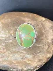 Green Mohave Turquoise Navajo Sterling Silver Ring Size 8 Adjustable 11789