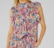 $248 Robert Graham Womens Pink Amaya Mixed-Print Short Sleeve Blouse Top Size XL