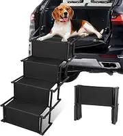 iMounTEK Dog Ramp for Car, Foldable Dog Ramp 4 Step Collaspible Non Slip Stairs for Car Trucks SUV 176LBS Load Oxford Fabric Steel Ladders with Straps Tether Clip(Black)