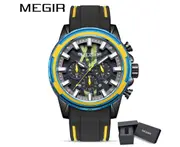 MEGIR New Creative Men Watch Quartz Watches Luxury Mens Watches Sport Silicone Waterproof Chronograph For Male Gift Date Clock - Black Yellow Box