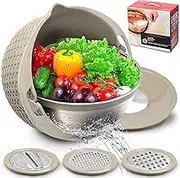 4-1 Colander with Mixing Bowl Set, 2024 New Food Strainers and Colanders Set for Kitchen, Pasta Rice Strainer, Fruit and Veggie Washer, Salad Spinner, Kitchen Essentials Strainer Basket Bowl, Beige
