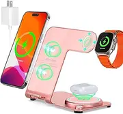 Malfsaier 3 in 1 Charging Station Pink,Aluminum Alloy Multiple Fast Wireless Charger Stand for iPhone 15/14/13/12/11/Pro/Max/XS/XR/X/8/Plus, for Apple Watch 7/6/5/4/3/2/SE, for AirPods 3/2/Pro