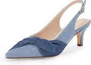 [Coutgo] Women's Denim Low Kitten Heels Pumps Closed Pointed Toe Side Knot Slingbacks Dress Shoes