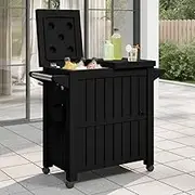 3-in-1 Serving Cart in Black Polypropylene with 80L Ice Bucket, Outdoor Kitchen Trolley with Imitation Wood Texture, Lockable Wheels, and Storage Compartments, Perfect for Portable Serving