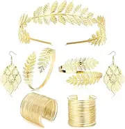 [Tuvwxyza] Greek Goddess Costume Accessories Set for Women Golden Laurel Leaf Crown Headband Leaf Armband Coil Bracelet Pearl Leaf Dangle Earring Party Wedding Costume Jewelry 7Pcs. (B)
