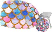 [WOSHJIUK] Working Hat 2 Pack Scrub Caps for Women,Watercolor Mermaid Scales,Tie Back Cap Adjustable Scrub Hat