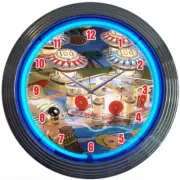 Pinball Blue Neon Light Up Game Room Garage Man Cave Wall Clock