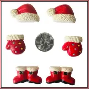 6 PC SANTA CLAUS CHRISTMAS BOOTS HAT AND MITTENS FLATBACK FLAT BACK RESINS