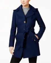 MICHAEL KORS MK Sapphire Blue Hooded Wool Belted Tie Waist Pea Trench Coat 10 US