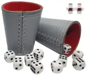 Genuine Leather Compact Dice Cups Grey Red + (10) 16mm White Pip Dice Bundle