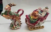 Fitz & Floyd 1993 Kris Kringle Reindeer Creamer/Sleigh Sugar Set wLadle MINT BOX