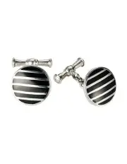 [Cudworth] Striped Sterling Round Cufflinks with Onyx on Chain in Silver