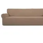 Elastic Bottom 4-Seater Sofa Cover - Durable Polyester-Spandex Blend in Camel
