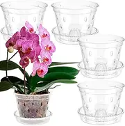 AwObEpl 5Pcs Orchid Pot for Repotting 4/5/6 Inch Transparent Slotted Orchid Pots with Holes and Saucers Breathable Flower Plant Pot Clear Nursery Pots for Orchids (M)
