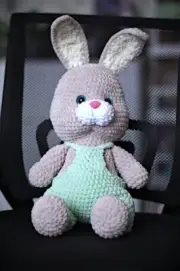 Crochet Grey Bunny in Green Suit - Handmade Plushie for Cuddles and Play