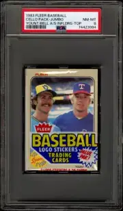 (POP 1) 1983 Fleer JUMBO Baseball Cello Pack PSA 8 Robin Yount Top, Parrish Back