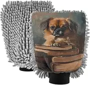 XYMZR Book Pekingese Clock Absorbent Microfiber Car Wash Mitt, Funny Cute Anime Scratch Free for Cars Cleaning, Home Cleaning Mitts, 2 Pack, 10.24” L x 7.09” W
