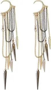 [Generic] Punk Style Ear Cuff Earrings with Chain Tassels, Gold and Black Mixed Metal, Studded Spike Pendant Design