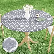 smiry Round Table Cloth Cover - Elastic Edged Flannel Backed Vinyl Tablecloth, Waterproof Wipeable Gray Moroccan Trellis Pattern Table Cover for Outdoor Indoor Room