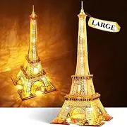 FUNPOLA LED 21 inch 3D Puzzle Eiffel Tower Building Model - 3D Architecture Building Model - Landmark of Paris at Night - 3D Acrylic Puzzle Décor Lamp DIY Ornament Nightlight (Large,Gold)