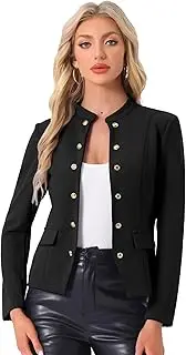 [Allegra K] Women's Vintage Stand Collar Open Front Button Decor Casual Blazer Jacket