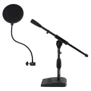 Short Weighted Base Microphone Boom Arm Stand with Clamp-On Pop Filter