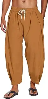 [COOFANDY] Men's Cotton Linen Harem Pants Drawstring Casual Cropped Trousers Lightweight Loose Beach Yoga Pants with Pockets