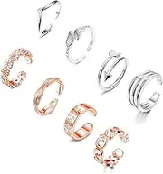[Sllaiss] 8pcs Toe Rings for Women Thumb Knuckle 18K Gold White Gold Rose Gold Plated Toe Rings Simple Arrow Leaf Flower Adjustable Stackable Toe Rings Set Summer Foot Jewellery