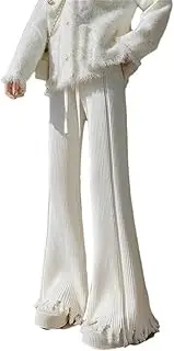 [Generic] Women's Tassel Knitt Wide Leg Pants High Waist Casual Female Flared Pants Stretchy Slacks Pants Jogging Sweatpants