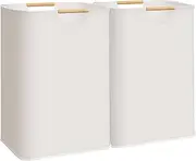 STORAGE MANIAC 2-Pack Large Laundry Hamper, 80L (21.1 Gal) Collapsible Laundry Basket with Bamboo Handles, Freestanding Waterproof Clothes Hamper for Laundry Room, Bedroom, Dorm, Towels, Toys, Beige