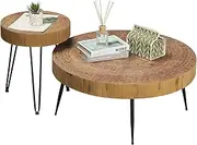 RUSTOWN Round Farmhouse Coffee Table Set of 2, Rustic Wooden Surface Top and Sturdy Metal Legs, Circle End Table Sets for Living Room (Natrual)