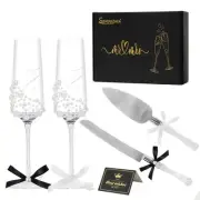 Wedding Toasting Flutes and Cake Server Set of 4 - Champagne Glasses and Knif...