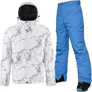 [ALSOGO] Men's Ski Suit Winter Waterproof Windproof Skiing Outdoor Snow Jackets and Trousers Snowboard Jackets, DLS-Blue, Small