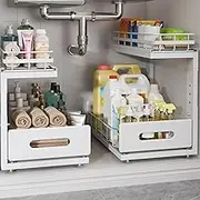 Biboraya 2 Pack Under Sink Organizer Upgrade To Professional Rails,2-Tier Dual Pull Out Cabinet Storage,Height Adjustable Slide Out Drawers For Bathroom Kitchen,Under Sink Shelf-White