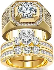 [ringheart] 2 Rings His and Hers Couple Rings Bridal Sets Yellow Gold Filled Heart Cz Womens Wedding Ring Sets Man Wedding Bands