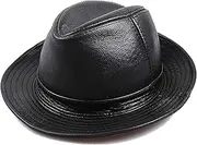 [CVMRBY] Winter Hats,Men Leather Fedora Hat Jazz Hat Cowhide Top Hat Short Brim Middle Aged Gentleman Hat Jazz Cap