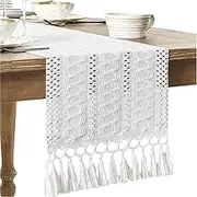 Plobeca Boho Table Runner with Knotted Tassels Cotton Linen Table Runners for Kitchen Dinning Table, Coffee Table Decor (White, 30x120cm/12x47in)