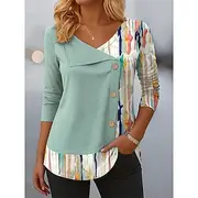 Women's Blouse Graphic Geometric Plaid Vintage Stylish Casual Long Sleeve Crew Neck Asymmetrical Regular Tops Daily Patchwork Buttons Print Light Green Pink Re