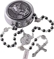 [HanlinCC] Saint Michael the Archangel Hematite Black Stone Beads Rosary Necklace with Metal Gift Box for Men, Hematite, No Gemstone