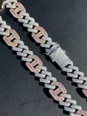 Solid 925 Silver CZ Rose Gold Plated Mens Figarucci Gucci Link Prong Cuban Chain