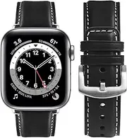 [Fullmosa] Real Leather Band Compatible with Apple Watch Band 49mm 45mm 44mm 42mm Yola Leather Apple Watch for iWatch Ultra 2/1 Series 9/8/7/6/5/4/3/2/1/SE/SE2 Men Women,49mm 45mm 44mm 42mm Black+Silver