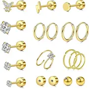 [LAURITAMI] Stud Earrings Gold for Women Stainless Steel 20G Helix Hoop Earrings Flat Back Diamond Studs Set Cartilage Huggie Hoop Tragus Piercing Jewellery with Replacement Back，19 Pieces